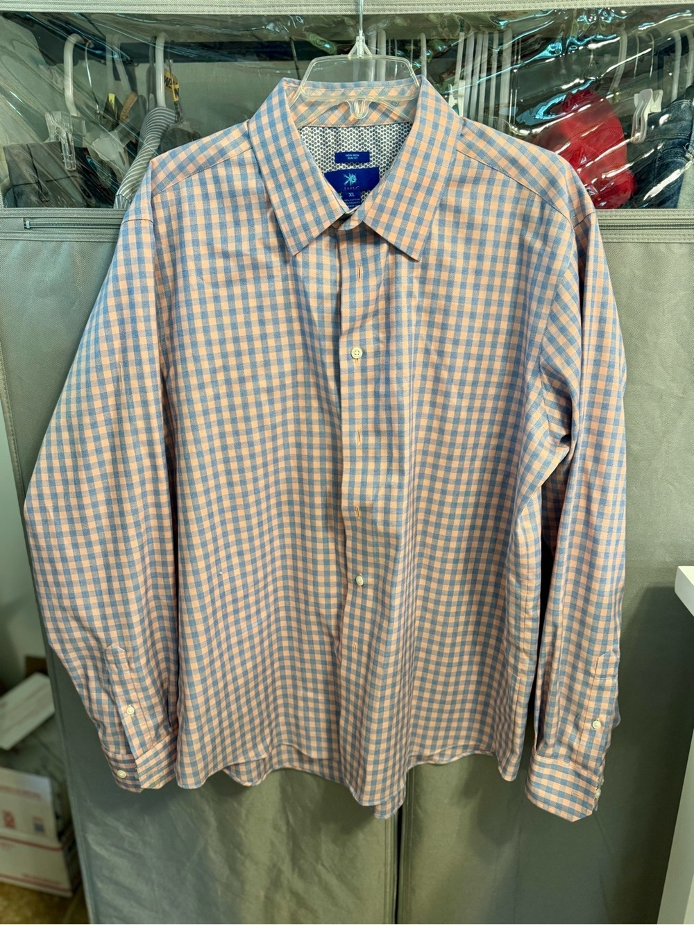 What’s Men's Pink and Light Blue Check Dress Shirt- Size XL